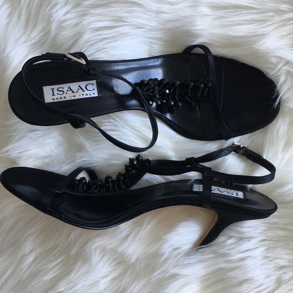 ISAAC Black Satin Beaded Heels/Sandals